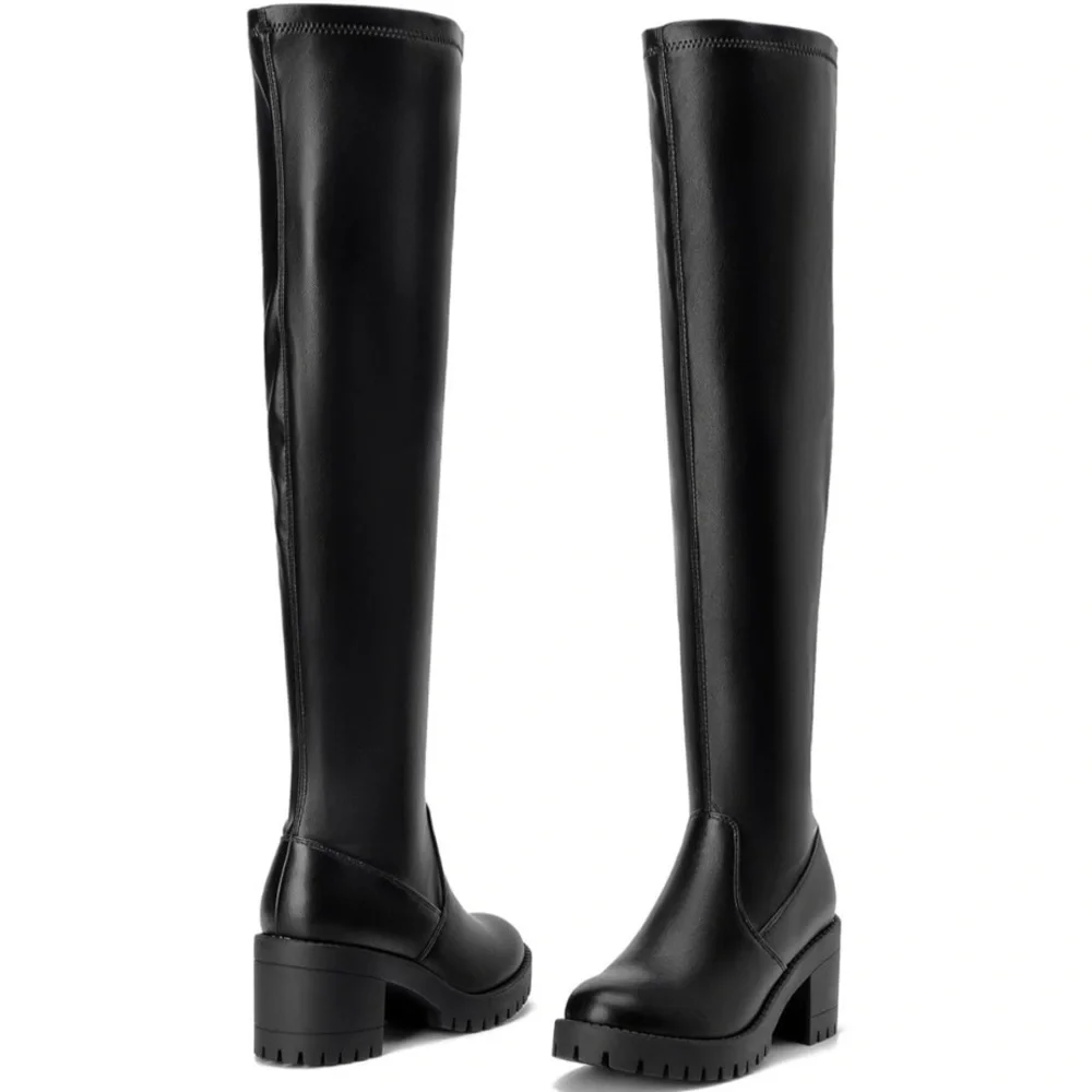 Black Block Heel Platform Over The Knee Boots